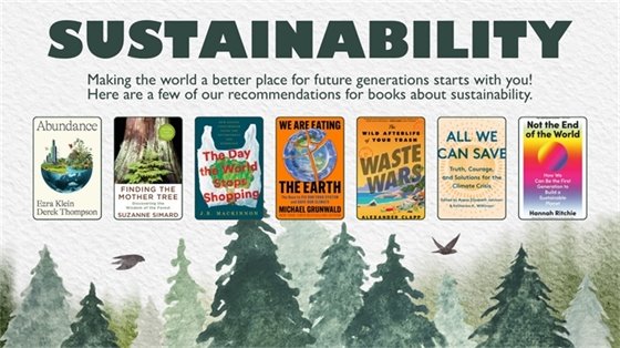 Sustainability-themed poster with six book covers on environmental topics. Books are set against a watercolor forest