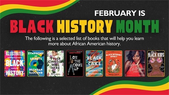 Black History Month banner with bright, bold letters on black background. Below are eight book covers, showcasing diverse themes and vibrant illustrations.