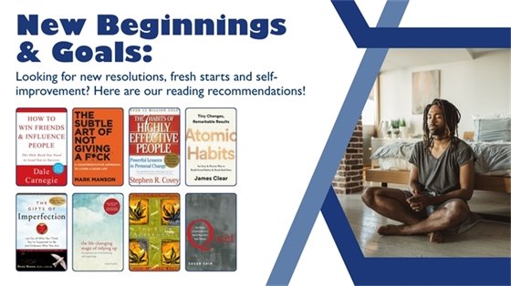 A reading recommendations list for new beginnings and goals, featuring motivational book covers on the left. On the right, a person meditates calmly on a bed. The tone is serene and inspiring.