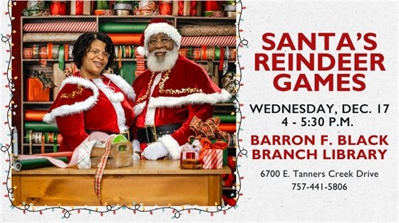 Older couple in festive Santa outfits stand smiling by a gift-wrapping station adorned with presents. Event details for "Santa's Reindeer Games" are on the side.