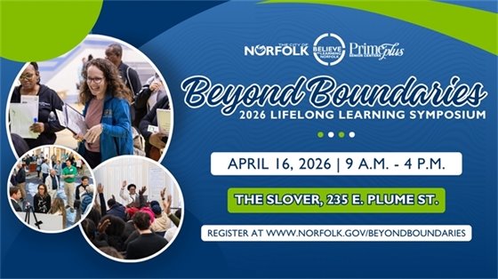 Flyer for Beyond Boundaries 2026 Lifelong Learning Symposium. Date: April 16, 2026, 9 AM - 4 PM at The Slover, 235 E. Plume St. Features photos of diverse attendees engaging in discussions and activities. Register at www.norfolk.gov/beyondboundaries.
