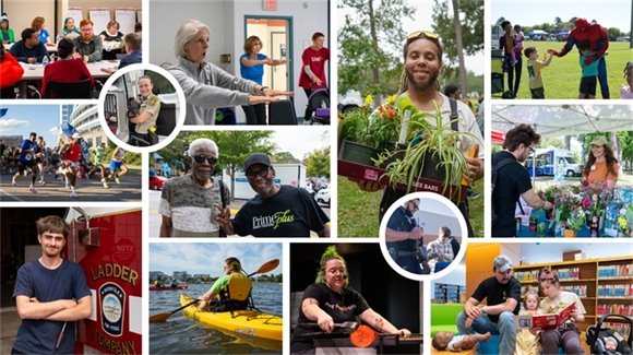 A collage of diverse community activities: group meetings, gardening, kayaking, crafting, and family library visits. Emotions of joy and teamwork are highlighted.