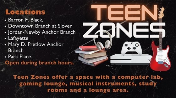 Teen Zones promotional image on a black marble background. Includes a red guitar, headphones, game controller, and stacked books. Text lists library locations and highlights features like a computer lab and gaming lounge. 