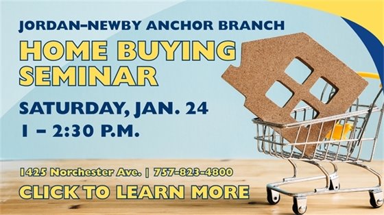 Advertisement for a Home Buying Seminar at Jordan-Newby Anchor Branch. Features a small house cutout in a shopping cart. Details include date, time, and contact info.
