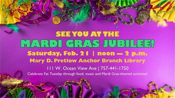 Colorful Mardi Gras Jubilee invitation on purple background with beads, masks, and feathers. Event details in bold yellow and green text.