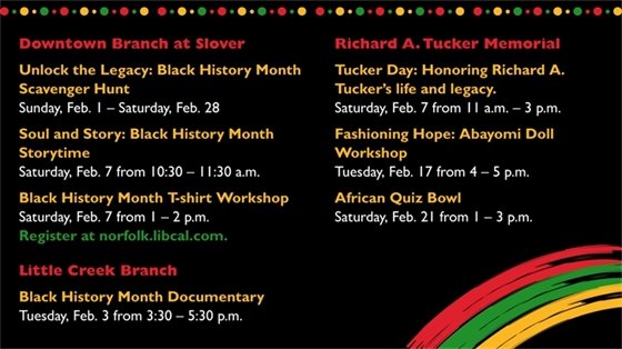 Black History Month events flyer with vibrant red, green, and yellow accents. Lists events at Downtown Branch and Richard A. Tucker Memorial, including storytelling, workshops, and a documentary. Dates and times provided.
