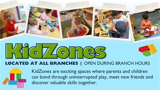 Children engaged in play at KidZones. Activities include toy building, crafting, and imaginative play. Text promotes exciting, skill-building spaces.