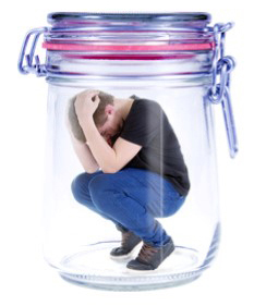person crouching in mason jar