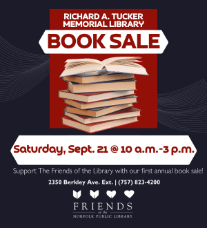 Graphic ad for Book sale at Richard A. Tucker Memorial Library. Image of books. 