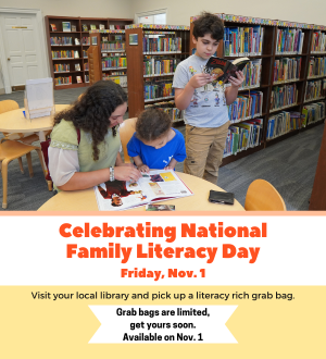 Graphic ad for National Family Literacy Day. Picture of family reading in library youth section. 