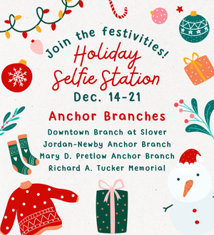 Holiday Selfie Station graphic ad with snowman, sweater and ornaments