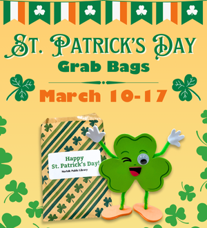 A photo of a shamrock craft for St. Patrick's Day Grab Bags, March 10-17.